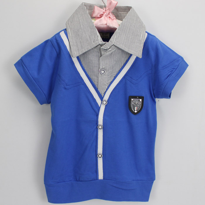 全棉假两件短袖T恤 春夏男女韩版纯棉 2010夏装 外贸童装 蓝